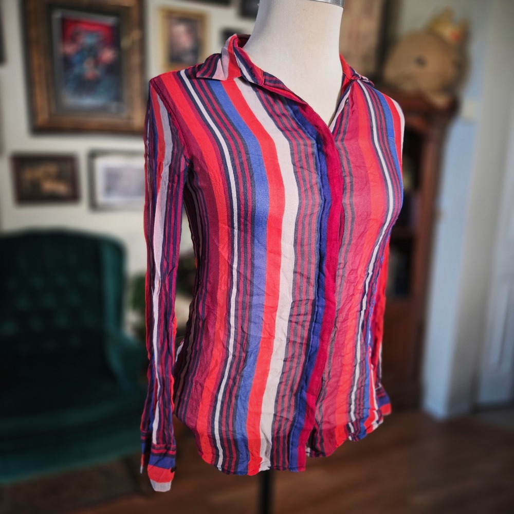 Equipment Femme Silk Blouse Sheer XS Striped Red Blue White Button Down Shirt